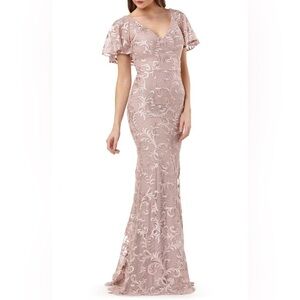 NWT Carmen Marc Valvo Infusion DUSTY ROSE Embroidered Flutter Sleeve Gown Size 6